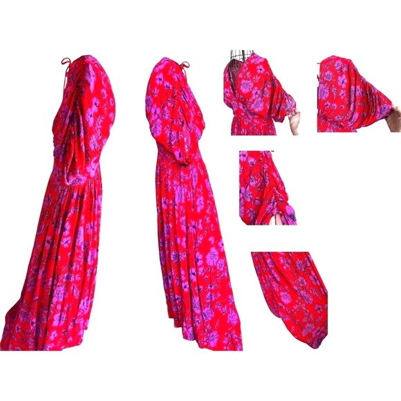 Band of Gypsies Hi Low Dress Small Red Pink Flowers Stretch Waist Festive READ - Picture 10 of 12